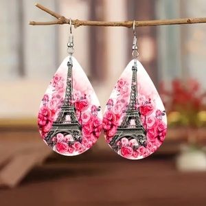💓 New! Wood Eiffel Tower Pink Flower Teardrop Earrings